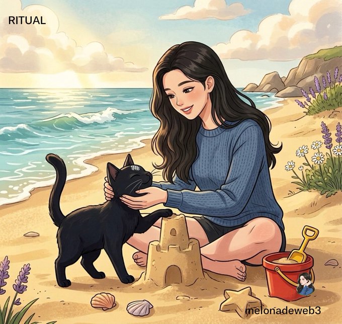 An illustrated scene of a girl in a blue sweater playing with a black cat on a beach while building a sandcastle, with the text 'RITUAL' in the top left and 'melonadeweb3' in the bottom right.