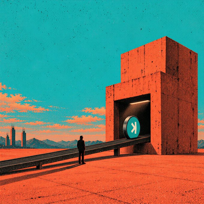 A lone figure stands on a barren orange landscape, gazing up at a massive concrete monolith that houses a glowing circular portal marked with a stylized "K" — symbolizing Kaspa's gateway. The image evokes the post's description of Kaspa's new native ZK proof verifier: the imposing structure represents the L1 covenant that acts as a trusted gateway, validating off-chain computations through zero-knowledge proofs before letting the transaction through, much like a lone traveler approaching a monumental checkpoint in a vast frontier.