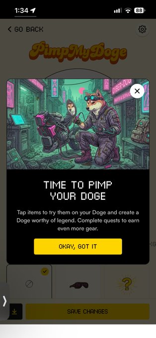 A mobile app screenshot titled 'PimpMyDoge' shows a popup window with the text 'TIME TO PIMP YOUR DOGE' and instructions to tap items to try them on a Doge character.