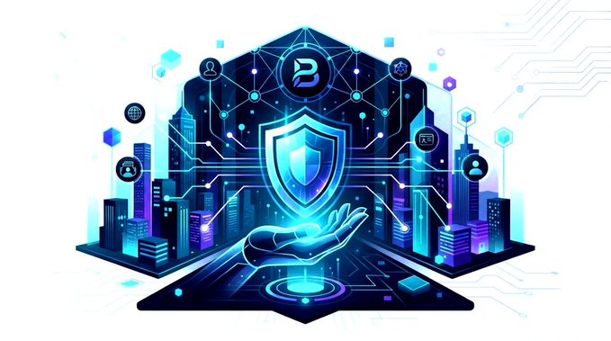 A digital illustration depicting a hand holding a glowing shield with a "D" logo above a stylized cityscape, representing cybersecurity or digital protection.