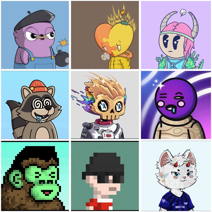 A 3x3 grid of nine colorful, stylized cartoon character avatars featuring various creatures including a hippo, cat, raccoon, skull, and pixel-art figures.