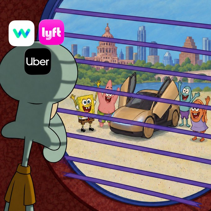 The image features Squidward from SpongeBob SquarePants looking out a window, which displays a scene where SpongeBob, Patrick, a futuristic car, and other characters wave from a beach with the Austin skyline in the background; three ride-sharing app logos—Waymo, Lyft, and Uber—are overlaid on the window.