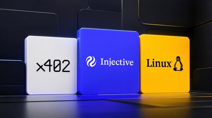 Three colorful 3D blocks displaying "x402", "Injective", and "Linux" with its penguin mascot logo, set against a dark background.