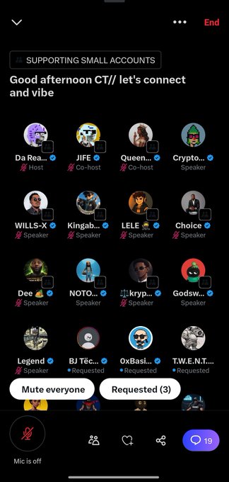 A Twitter Spaces interface shows a live audio room titled 'Good afternoon CT!/ let's connect and vibe' with the host Da Rea, co-hosts JIFE and Queen, and multiple speakers including WILL5-X, Kingab..., LELE, Choice, Dee, NOTO..., kryp..., and GodsW....