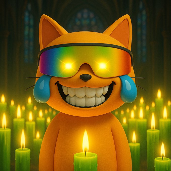 A 3D-rendered orange cat character smiles widely with glowing yellow eyes behind rainbow-tinted sunglasses, standing among lit green candles in a dark, cathedral-like setting.