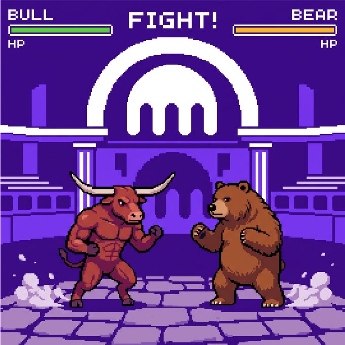 Pixel art fighting game scene showing a muscular bull and bear facing off in 'FIGHT!' mode, with HP bars at the top and a Spartan temple in the background.