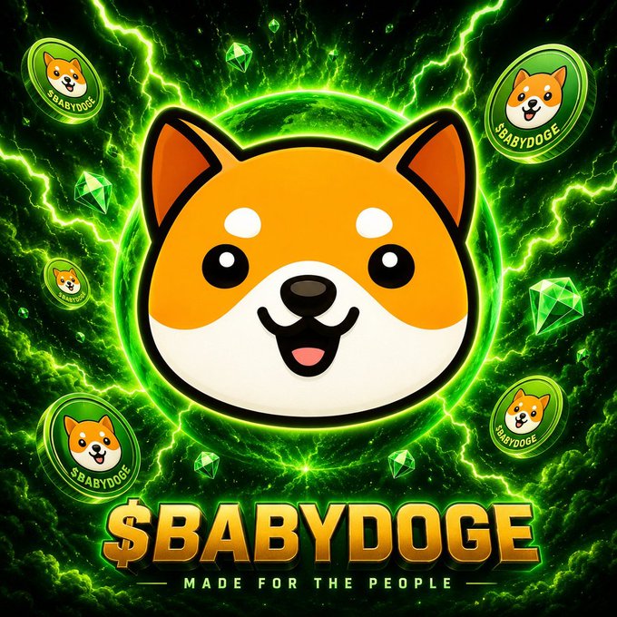 A promotional graphic for the cryptocurrency '$BABYDOGE' featuring a Shiba Inu dog face surrounded by green lightning, crystals, and floating coins, with the tagline 'MADE FOR THE PEOPLE'.