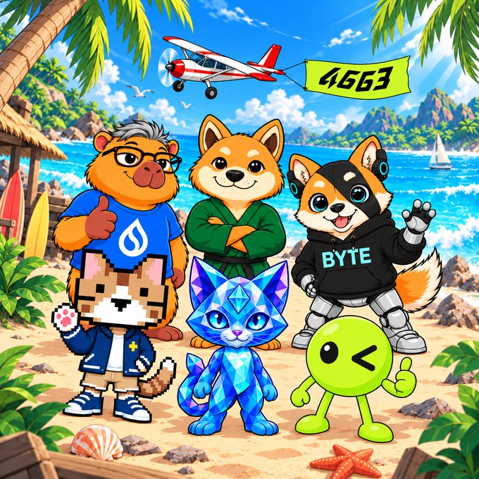 A colorful cartoon illustration featuring SUI-themed animal characters on a tropical beach with a plane flying overhead pulling a banner reading '4GG3'.