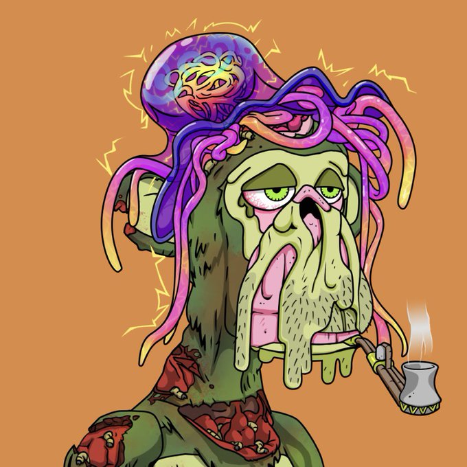 A psychedelic illustration of a green-skinned, bearded figure smoking a pipe, with a purple jellyfish-like creature featuring a skull-like face perched on its head against an orange background.