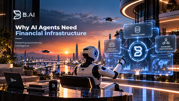 A futuristic promotional graphic for B.AI titled 'Why AI Agents Need Financial Infrastructure' showing a robot interacting with holographic displays of transactions, resource coordination, and economic participation.