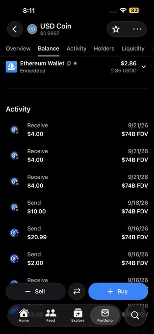 A smartphone screenshot displays a USDC (USD Coin) balance of $2.86 in an Ethereum Wallet, with transaction activity including multiple $4.00 receives and various sends dated from 9/16/26 to 9/21/26.