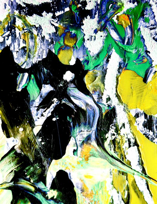 An abstract expressionist painting with thick, swirling strokes of green, yellow, white, and black paint creating a chaotic and textured composition.