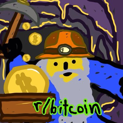 A digital illustration of a grey-bearded character wearing a miner's helmet with a headlamp, holding a pickaxe, with Bitcoin coins and 'r/bitcoin' written at the bottom.