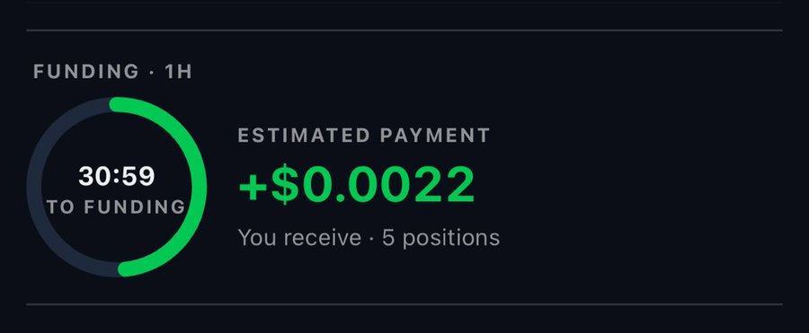 A funding dashboard shows a countdown of 30:59 until funding with an estimated payment of +$0.0022 across 5 positions, illustrating how MF Markets' Funding tab helps traders track potential yields or costs on their open trades.
