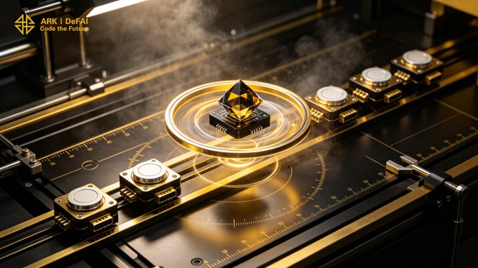 A glowing golden pyramid hovers above an intricate metallic track with electronic components, accompanied by the text "ARK | DeFAI" and "Code the Future." The image visually reinforces the post's message of precision and innovation, symbolizing Arkie AI's advanced technology driving the next generation of AI-powered execution.

Source: https://www.instagram.com/p/DLlm_kAuERE/