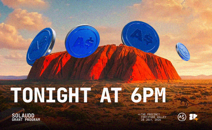 A vibrant promotional poster shows blue tokens bearing the 'AS' logo balanced on Uluru-like rock formations under a sunset sky, advertising 'TONIGHT AT 6PM' with the 'SOLAUDD GRANT PROGRAM' logo and event details '>> THE PRECINCT FORTITUDE VALLEY 28 JULY, 2026'.
