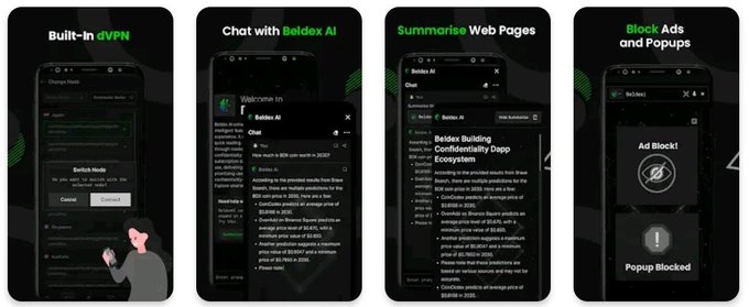 A promotional banner for the Beldex mobile app showcasing four features across smartphone mockups: 'Built-in dVPN', 'Chat with Beldex AI', 'Summarise Web Pages', and 'Block Ads and Popups'.