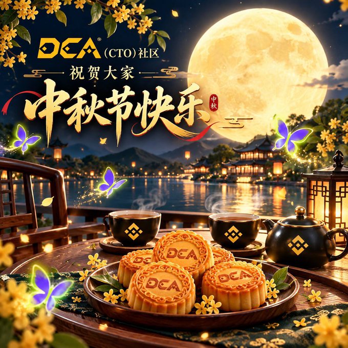 A festive Mid-Autumn Festival greeting from 'OCA (CTO)社区' with Chinese text '祝贺大家 中秋节快乐' featuring mooncakes, tea, and a full moon.