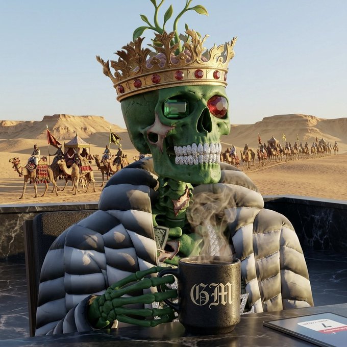A green skeletal figure wearing a gold crown with gemstones, diamond-encrusted teeth, and a puffer jacket, sitting at a table holding a steaming mug with 'GM' on it, with a desert caravan scene in the background.