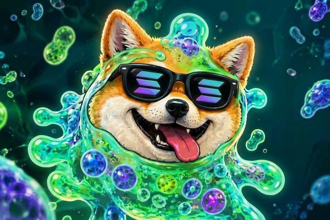 A vibrant digital illustration of a smiling Shiba Inu dog wearing purple sunglasses, surrounded by glowing green and blue bubble-like microorganisms.