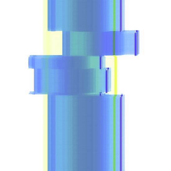 An abstract digital artwork features translucent blue cylindrical shapes layered over a vertical gradient of yellow, blue, and green stripes against a white background.