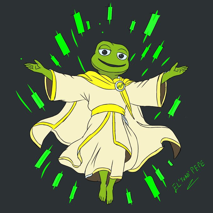 The image depicts Pepe the Frog dressed in a white and gold robe with arms outstretched, surrounded by ascending green trading candlesticks, visually representing the bullish market momentum referenced in the post about the $TOAD token. The text "EL TOAD PEPE" and "eltoadpepe" appears in the bottom right corner, identifying the artist.