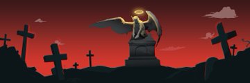 An animated illustration shows a dark, towering structure with a glowing golden figure on top, set against a deep red sky with silhouetted shapes.