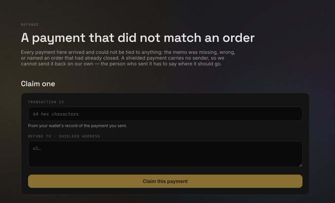 A refund request form for unmatched payments, featuring fields for a 64-character transaction ID and a shielded address (z1…), accompanied by an explanation that a shielded payment carries no sender, so the sender must claim and redirect it themselves. The image supports the post by showing the tool Zecbit NFT buyers can use to try recovering funds from lost or misdirected transactions.