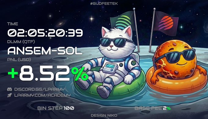 A crypto-themed illustration features an astronaut cat and a sun character floating in pool rings on a moon, displaying stats for ANSEM-SOL with +8.52% PNL, a timer of 02:05:20:39, and references to Discord.GG/LPARMY and LPARMY.COM/ACADEMY.