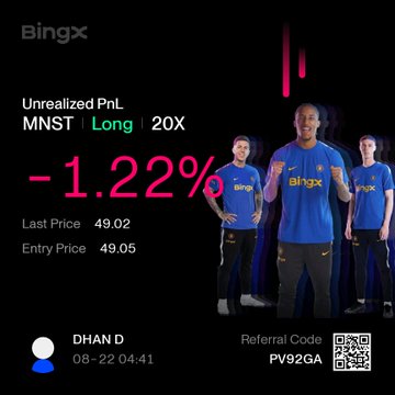 BingX trading app screen showing an unrealized PnL position on MNST (Long, 20X leverage) at -1.22%, with last price 49.02 and entry price 49.05, featuring football player imagery and a referral code PV92GA.