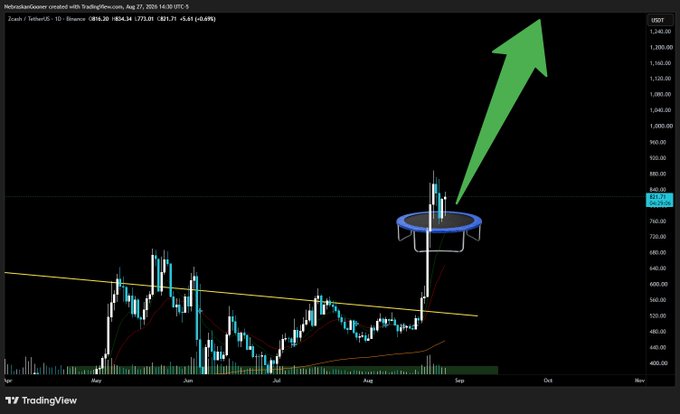 A TradingView daily chart of Zcash (ZECUSDT) on Binance shows a recent breakout above a descending trendline, highlighted by a blue trampoline illustration at ~$770 with a large green arrow pointing upward, visually illustrating the post's claim that "$ZEC THE TRAMPOLINE IS WORKING" as price hovers around 821.71 (+5.61%).