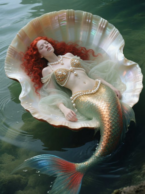 A red-haired mermaid adorned with pearls resting peacefully inside a large iridescent seashell floating on water.