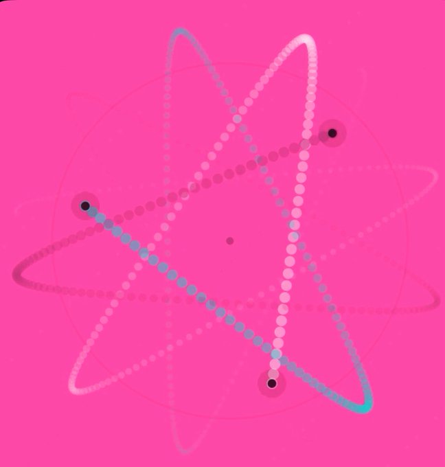 Abstract digital illustration on a hot pink background featuring an atom-like design with intersecting elliptical orbits and dotted trails in white, blue, and pink.
