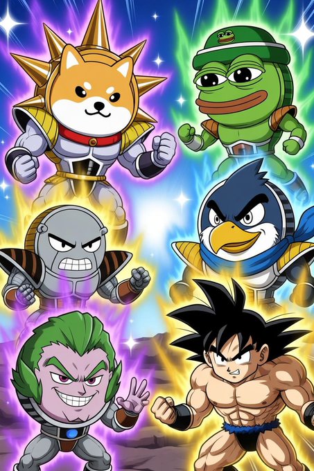 The image features six cartoon characters, including a dragon, a bird, a frog, a dog, and two humans with green hats. The characters are depicted in various poses and expressions, creating an engaging visual experience for viewers. The post encourages users to share their favorite character from this series on social media using the hashtag #SuperSaiyan.