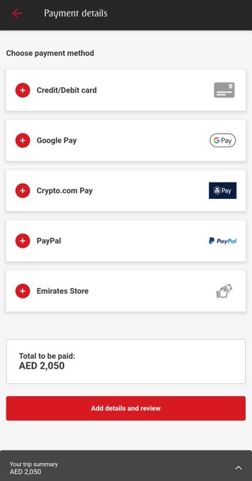 A mobile payment details screen showing various payment methods (Credit/Debit card, Google Pay, Crypto.com Pay, PayPal, Emirates Store) with a total of AED 2,050 to be paid.