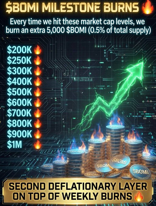 A promotional graphic for '$BOMI MILESTONE BURNS' showing market cap levels from $200K to $1M, each triggering a 5,000 $BOMI burn, described as a 'SECOND DEFLATIONARY LAYER ON TOP OF WEEKLY BURNS', with an upward green arrow and stacks of $BOMI coins on fire.