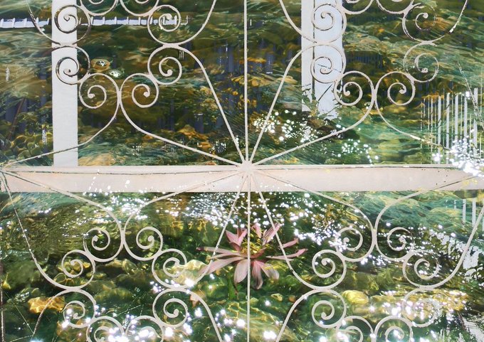 An ornate white wrought iron gate or decorative panel with intricate scrollwork patterns, with a pink water lily and shimmering water reflections visible in the background.