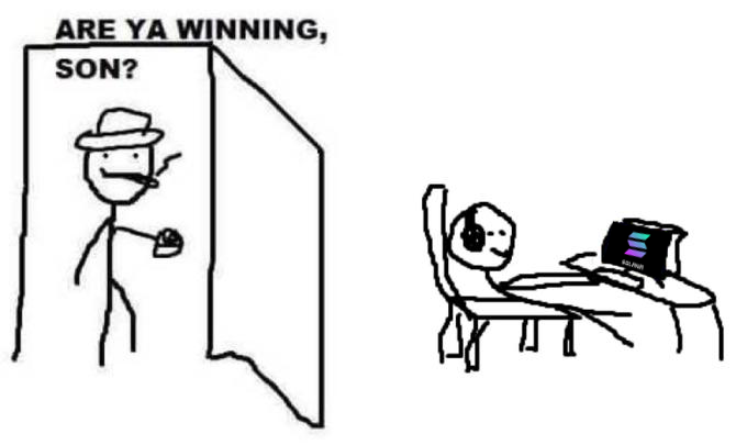 A stick figure dad in a hat peeks around a doorway asking "ARE YA WINNING, SON?" to his gaming offspring, who is hunched intently at a laptop. The image humorously illustrates the post's point about the fleeting illusion of "winning" online—a momentary login victory over an opponent who instantly leaves, leaving the "winner" staring at an empty achievement.