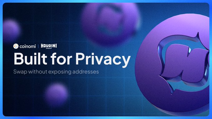 The image is a promotional banner featuring the Coinomi and Houdini Swap logos with the tagline "Built for Privacy: Swap without exposing addresses," displayed against a dark blue background with floating purple orbs and a large purple Coinomi logo, visually reinforcing the message of private, cross-chain swaps offered through their partnership.