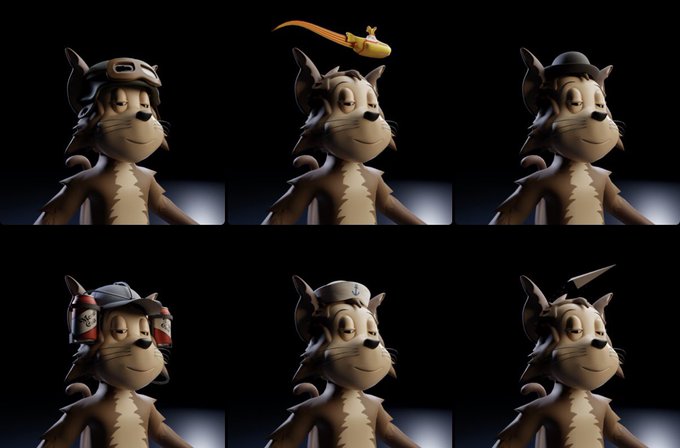 A grid of six identical cat character models, each wearing a different head accessory including an aviator cap, a yellow item resembling a banana, a bowler hat, headphones, goggles, and a propeller beanie. The image illustrates the variety of head traits available for the "Fiendz" characters from OthersideMeta, showcasing their complete 1:1 trait coverage as mentioned in the announcement.