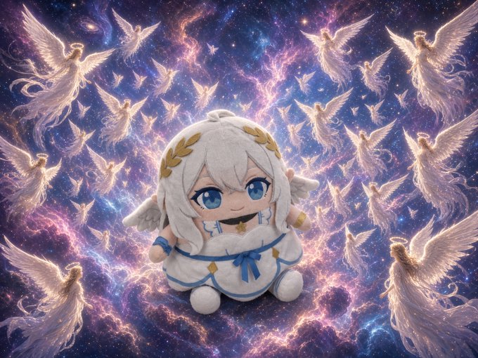 An anime-style plush character with white hair, blue eyes, and a golden laurel wreath, surrounded by glowing white angel wings against a cosmic purple and pink nebula background.