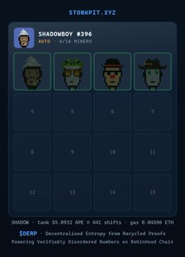 A screenshot from stompit.xyz showing the 'SHADOWBOY #3966' NFT collection on the Shadow.tank marketplace, featuring cartoon avatar characters.