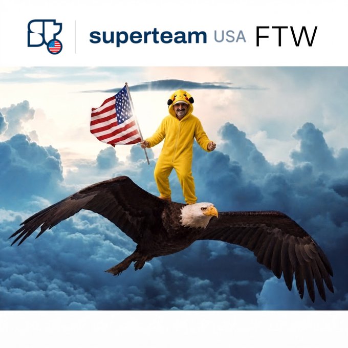 A 'superteam USA FTW' banner featuring a person in a yellow Pikachu onesuit holding an American flag while riding a bald eagle through the clouds.