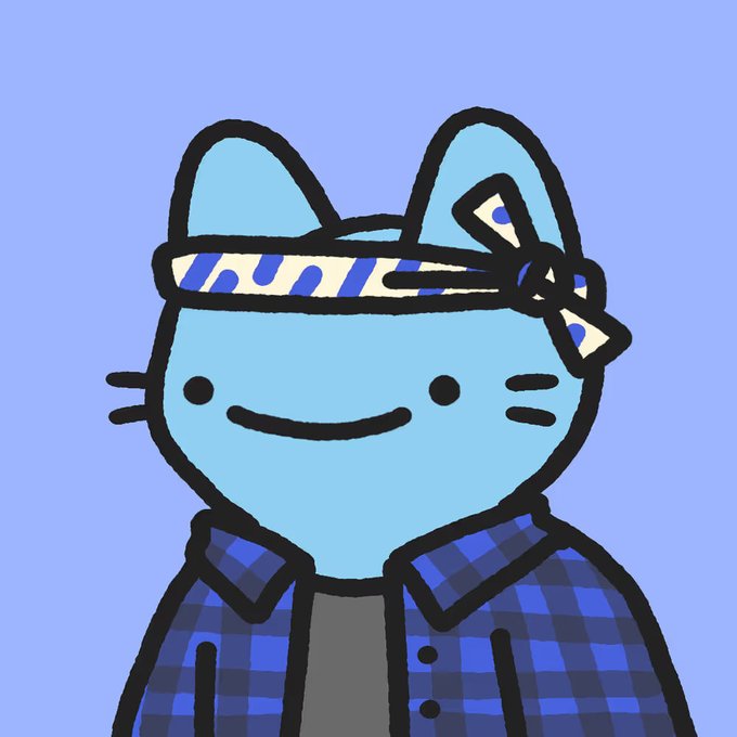 A cartoon illustration of a light blue cat wearing a blue plaid overshirt, a dark gray t-shirt, and a blue-and-yellow striped headband, set against a solid light blue background.