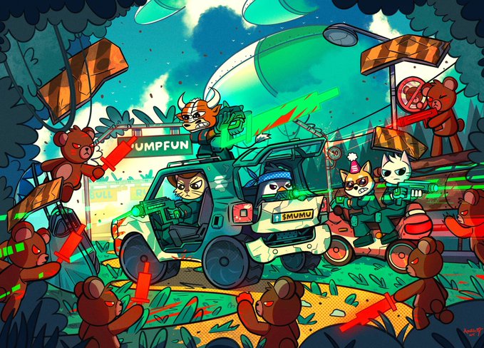 A cartoon battle scene shows anthropomorphic Solana memecoins ($PENGU, $BONK, $PNUT, $MEW) and MUMU the Bull charging out of an armored vehicle, blasting laser guns at an army of red-eyed bear enemies, with the "MUMUFUN" storefront visible in the background.