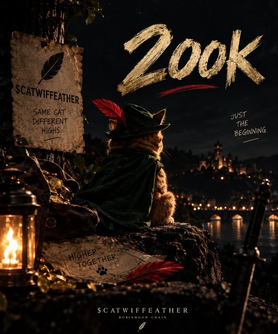 A promotional poster for "Zook" by $CATWIFFEATHER Robinhood Chain, featuring a cat in a green cloak with the phrases "Same Cat Different Highs" and "Just The Beginning," alongside a parchment reading "Higher Together."