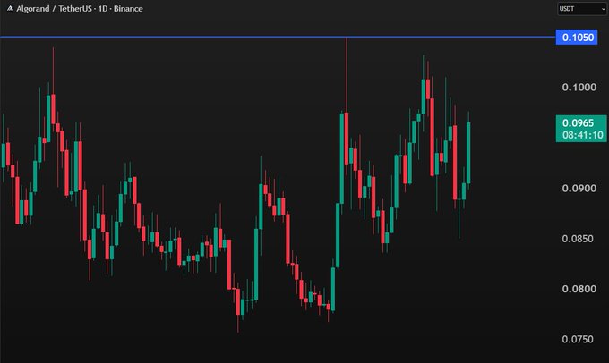 A candlestick chart from TradingView showing 'Algorand / TetherUS · 1D · Binance' with a current price of 0.0965 USDT.