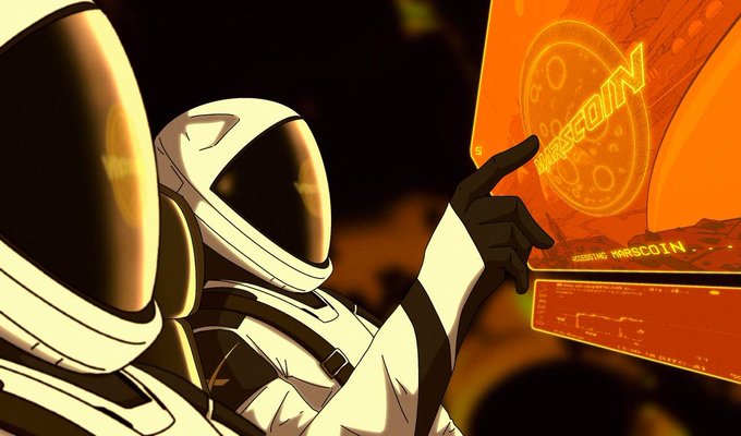 An astronaut in a white spacesuit reaches out toward a glowing orange digital display showing "MARS COIN" branding and the text "REGISTERING MARSCOIN," with a mission-control style interface visible below. The imagery visually reinforces the "Mars mission has been initiated" theme, symbolizing the launch or rollout of the $MarsCoin cryptocurrency.