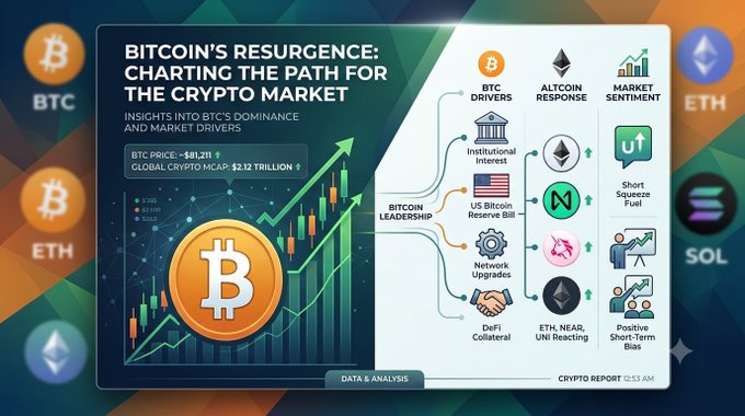 A crypto report graphic titled 'BITCOIN'S RESURGENCE: CHARTING THE PATH FOR THE CRYPTO MARKET' showing BTC price at $81,211 and analyzing market drivers and altcoin response.