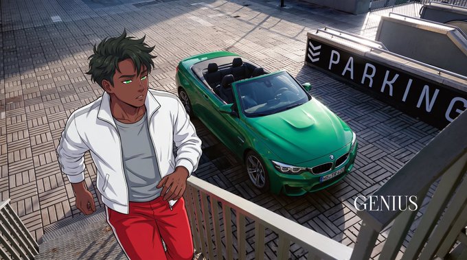 An anime-style illustration depicts a young man in a white jacket and red pants standing near a railing, looking down at a green BMW convertible parked in a lot with 'PARKING' signage, with the text 'GENIUS' visible in the corner.